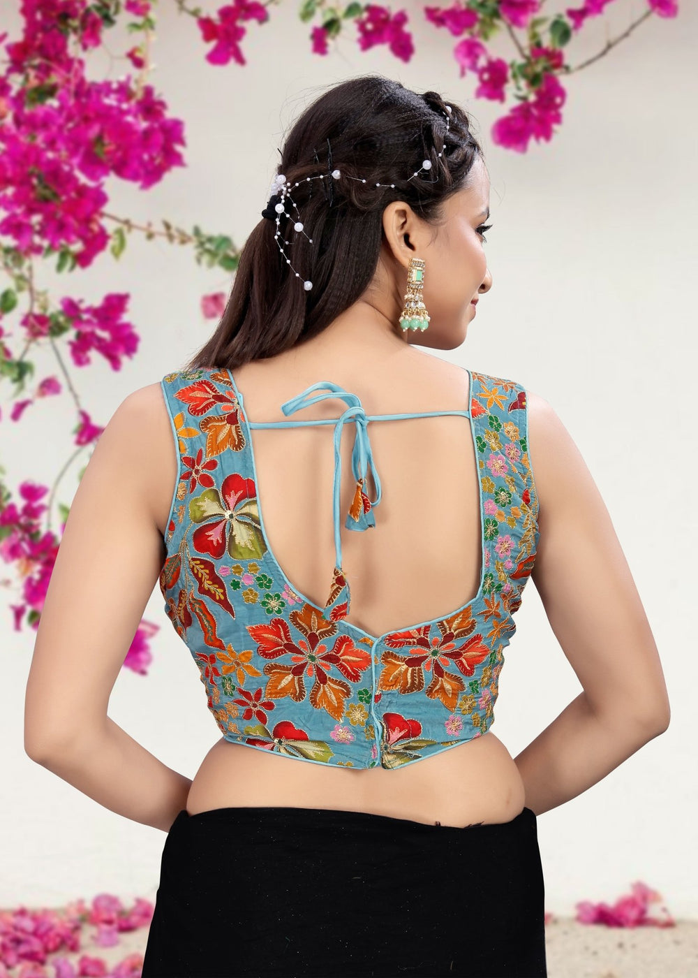 BLUE GREEN | NATURAL CREPE | POSITION PRINT WORK BLOUSE - LUBA