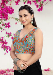 BLUE GREEN | NATURAL CREPE | POSITION PRINT WORK BLOUSE - LUBA