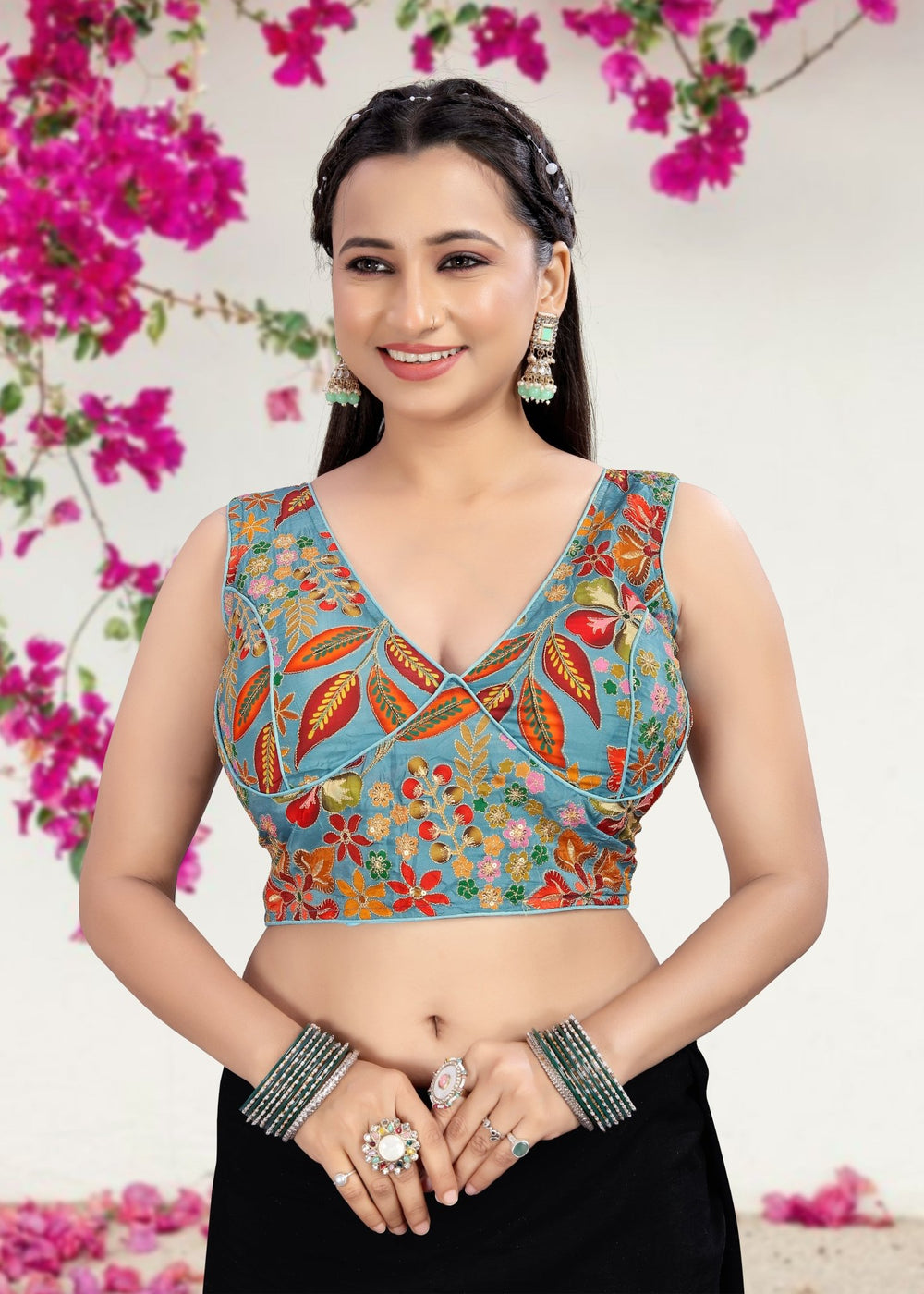 BLUE GREEN | NATURAL CREPE | POSITION PRINT WORK BLOUSE - LUBA