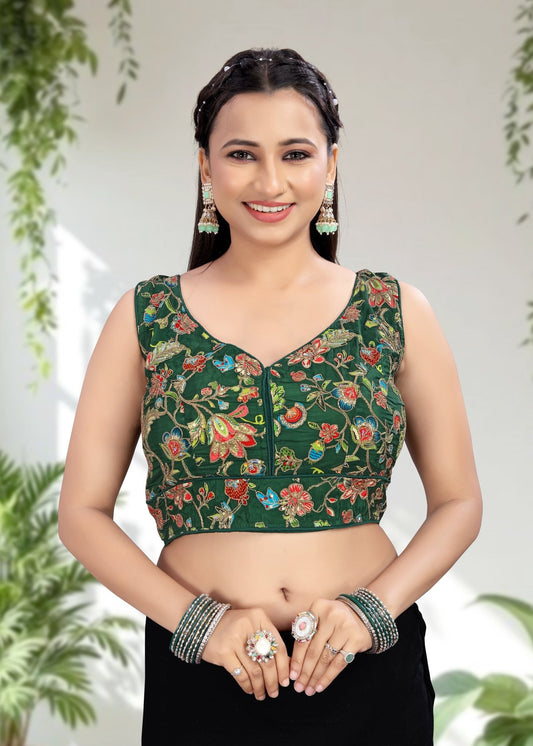 GREEN | NATURAL CREPE | POSITION PRINT WORK BLOUSE - LUBA