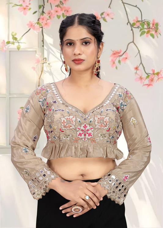 LUBA Women Embroidered Mirror Work V - Neck Ruffle Crop Blouse Beige - LUBA