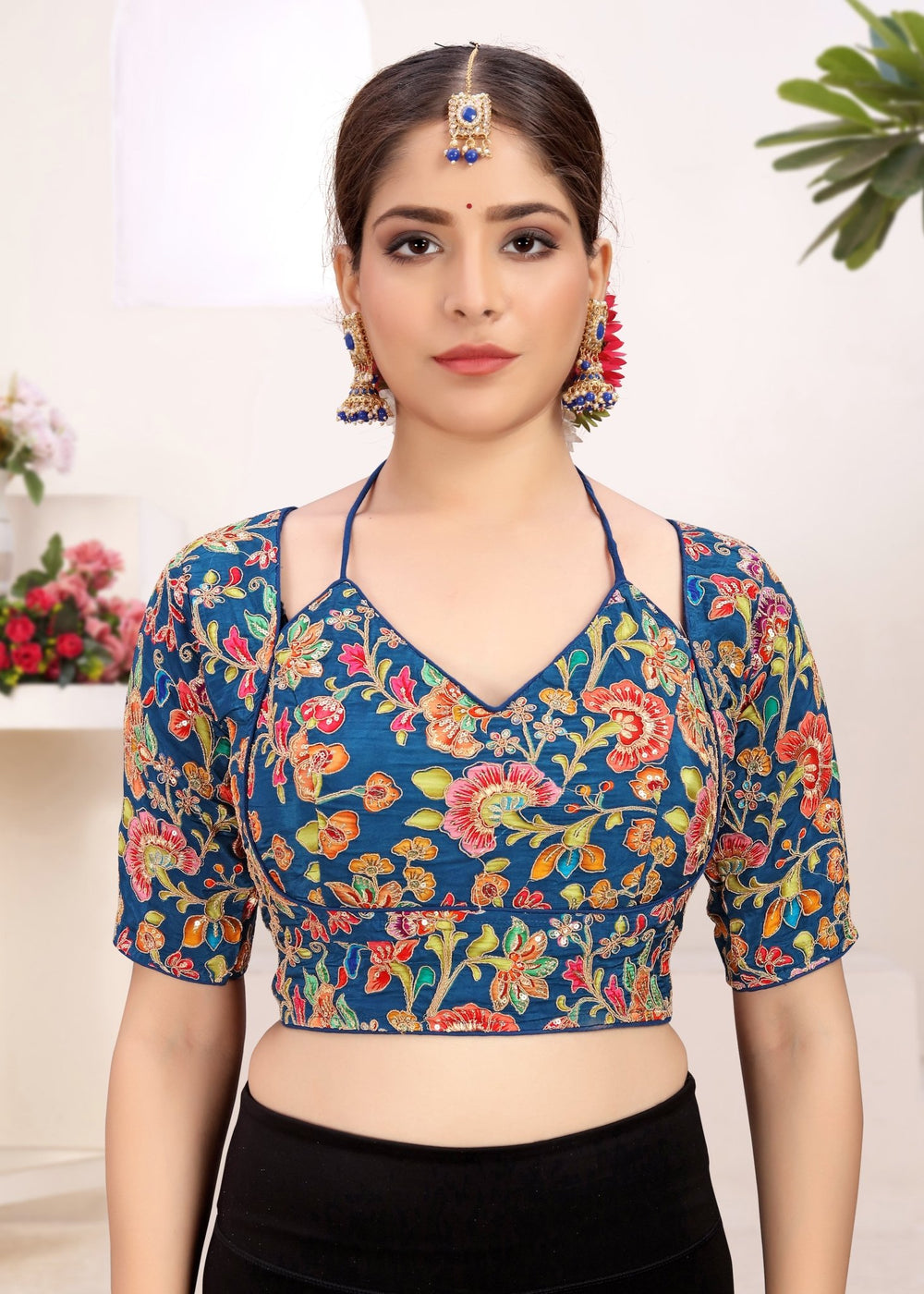 LUBA Women Embroidered Mirror Work V - Neck Ruffle Crop Blouse Blue - LUBA