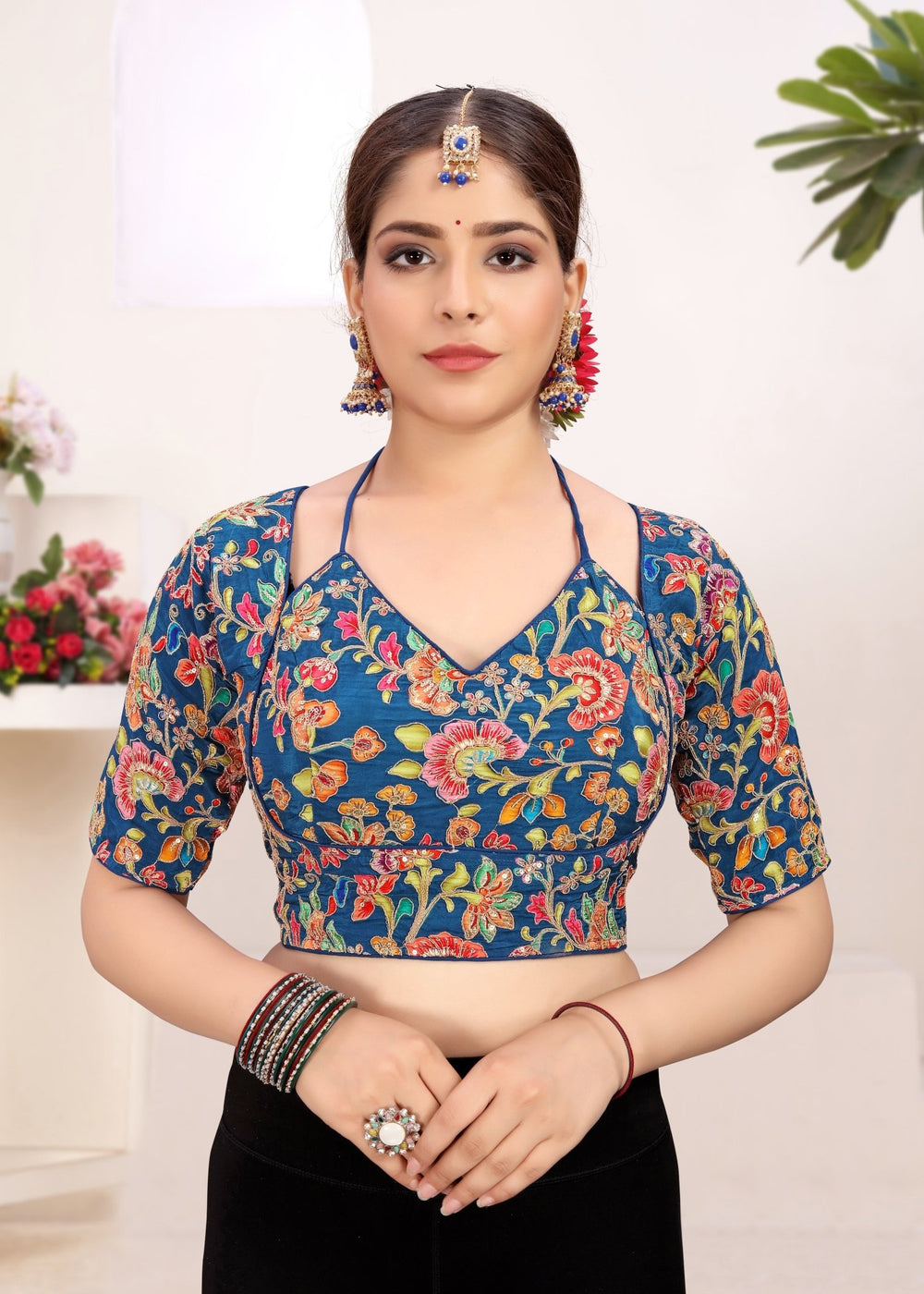 LUBA Women Embroidered Mirror Work V - Neck Ruffle Crop Blouse Blue - LUBA