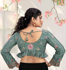 LUBA Women Embroidered Mirror Work V - Neck Ruffle Crop Blouse Green - LUBA