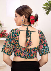 LUBA Women Embroidered Mirror Work V - Neck Ruffle Crop Blouse Green - LUBA