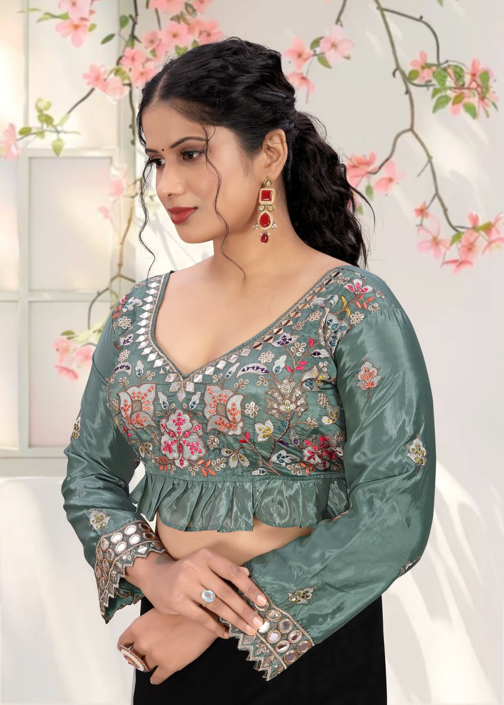 LUBA Women Embroidered Mirror Work V - Neck Ruffle Crop Blouse Green - LUBA