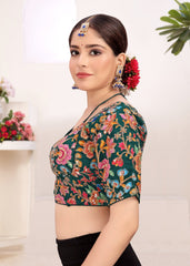 LUBA Women Embroidered Mirror Work V - Neck Ruffle Crop Blouse Green - LUBA