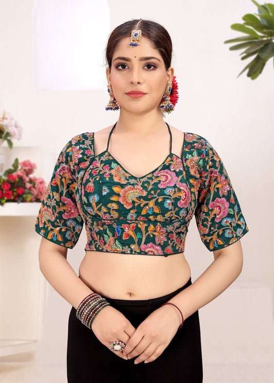 LUBA Women Embroidered Mirror Work V - Neck Ruffle Crop Blouse Green - LUBA