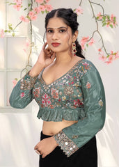 LUBA Women Embroidered Mirror Work V - Neck Ruffle Crop Blouse Green - LUBA