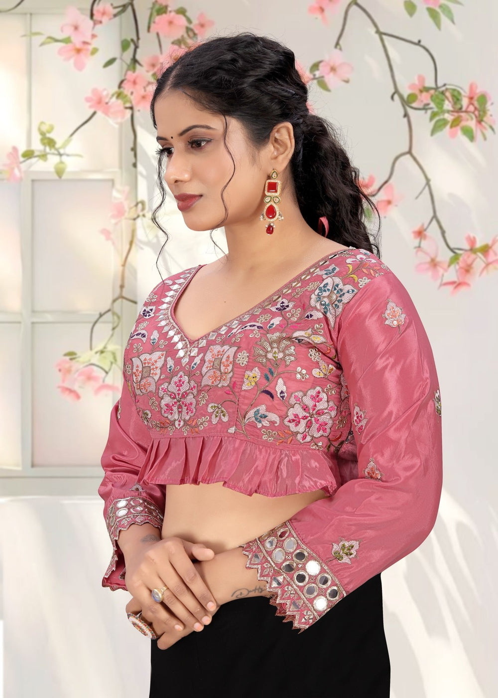 LUBA Women Embroidered Mirror Work V - Neck Ruffle Crop Blouse Lavender - LUBA