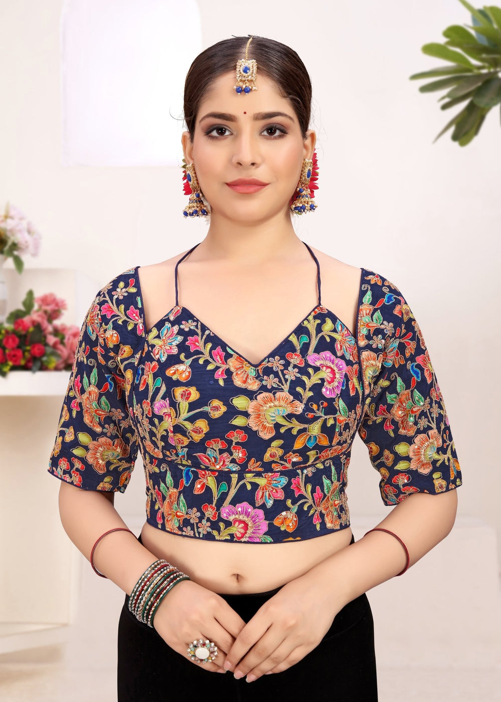 LUBA Women Embroidered Mirror Work V - Neck Ruffle Crop Blouse Maroon - LUBA