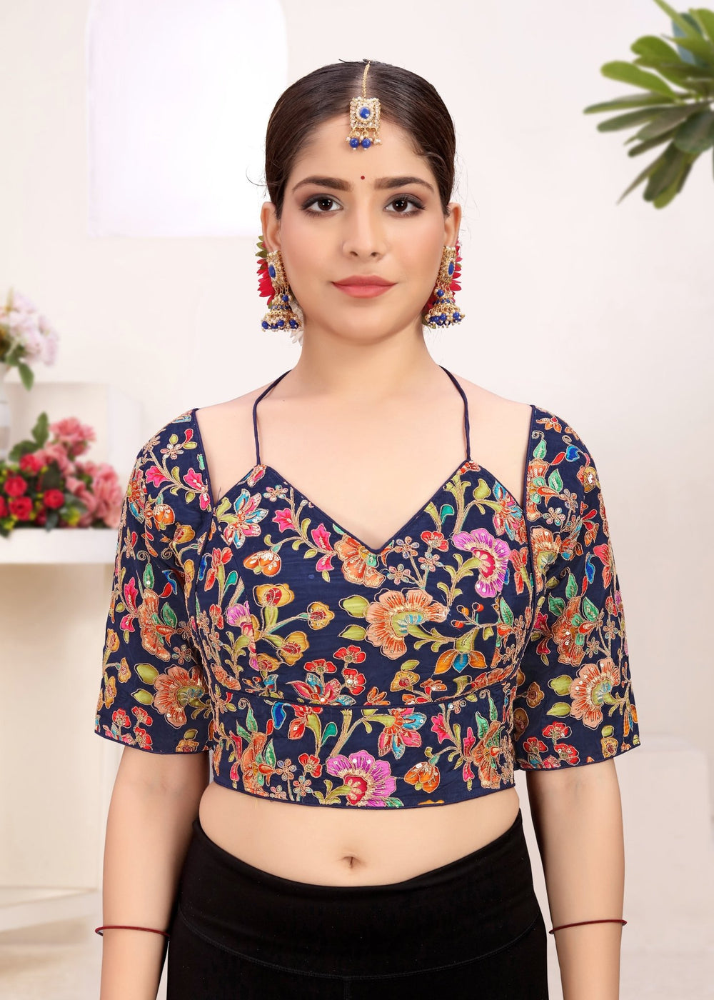 LUBA Women Embroidered Mirror Work V - Neck Ruffle Crop Blouse Maroon - LUBA