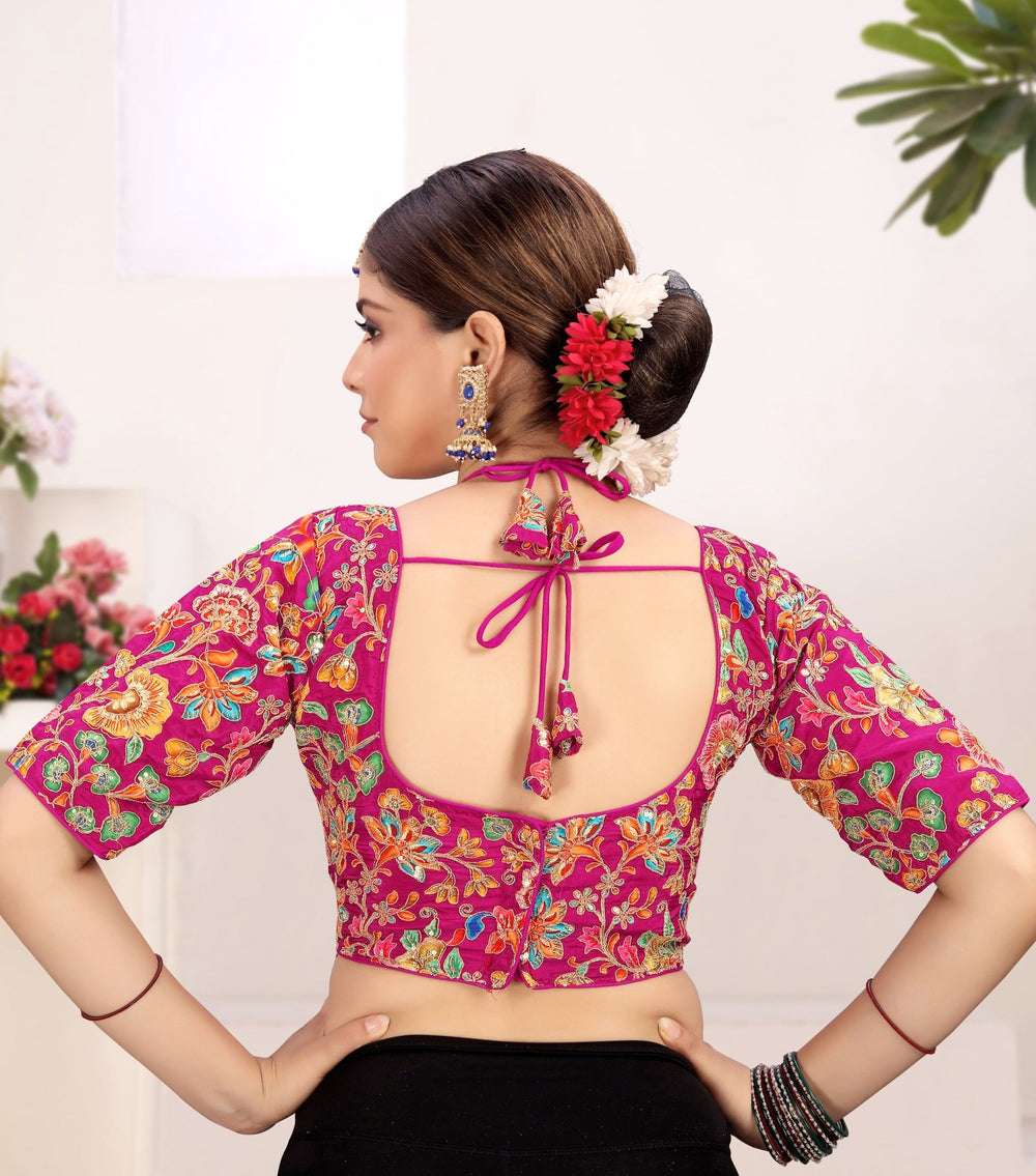 LUBA Women Embroidered Mirror Work V - Neck Ruffle Crop Blouse Pink - LUBA