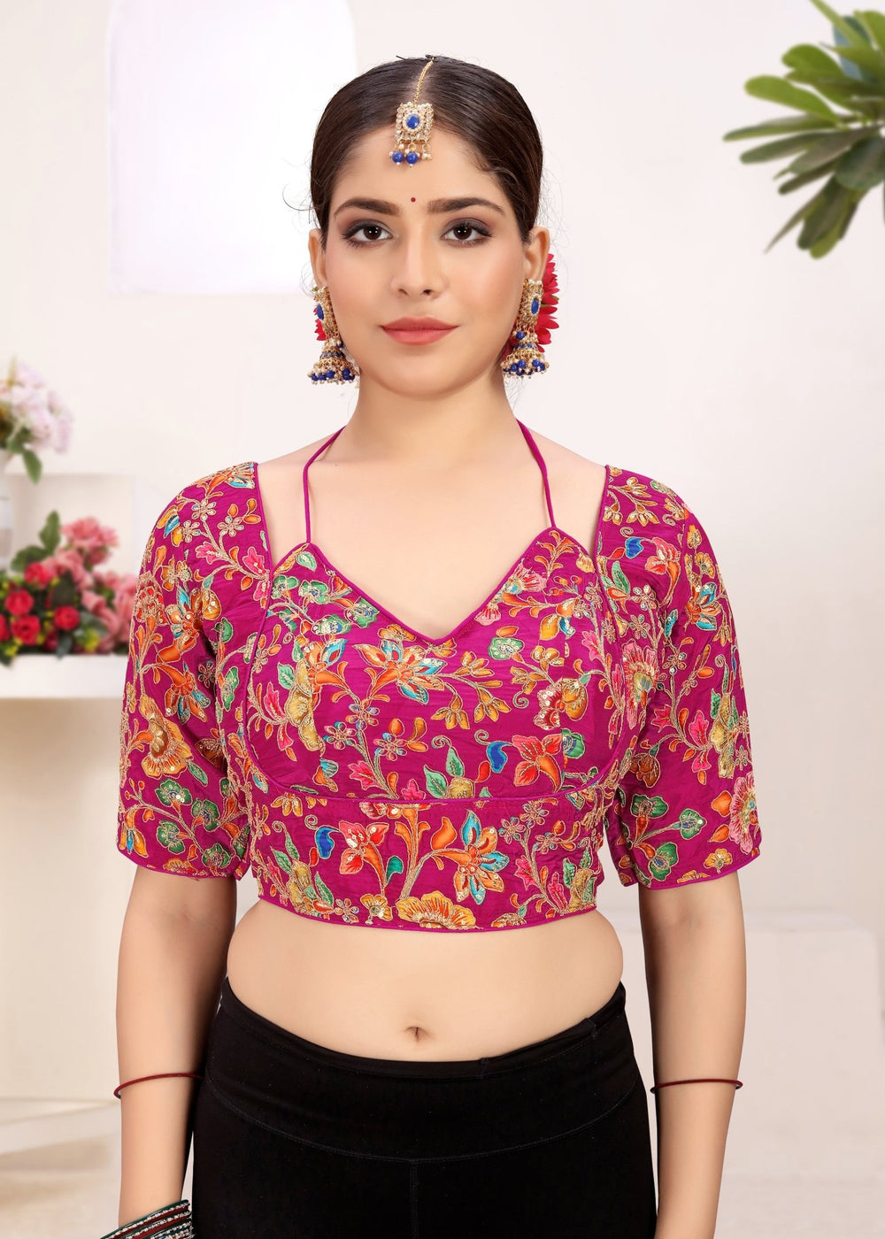 LUBA Women Embroidered Mirror Work V - Neck Ruffle Crop Blouse Pink - LUBA