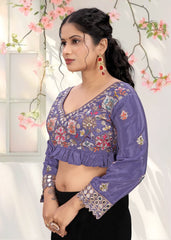 LUBA Women Embroidered Mirror Work V - Neck Ruffle Crop Blouse Purple - LUBA