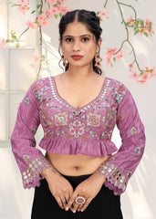 LUBA Women Embroidered Mirror Work V - Neck Ruffle Crop Blouse Rani Pink - LUBA