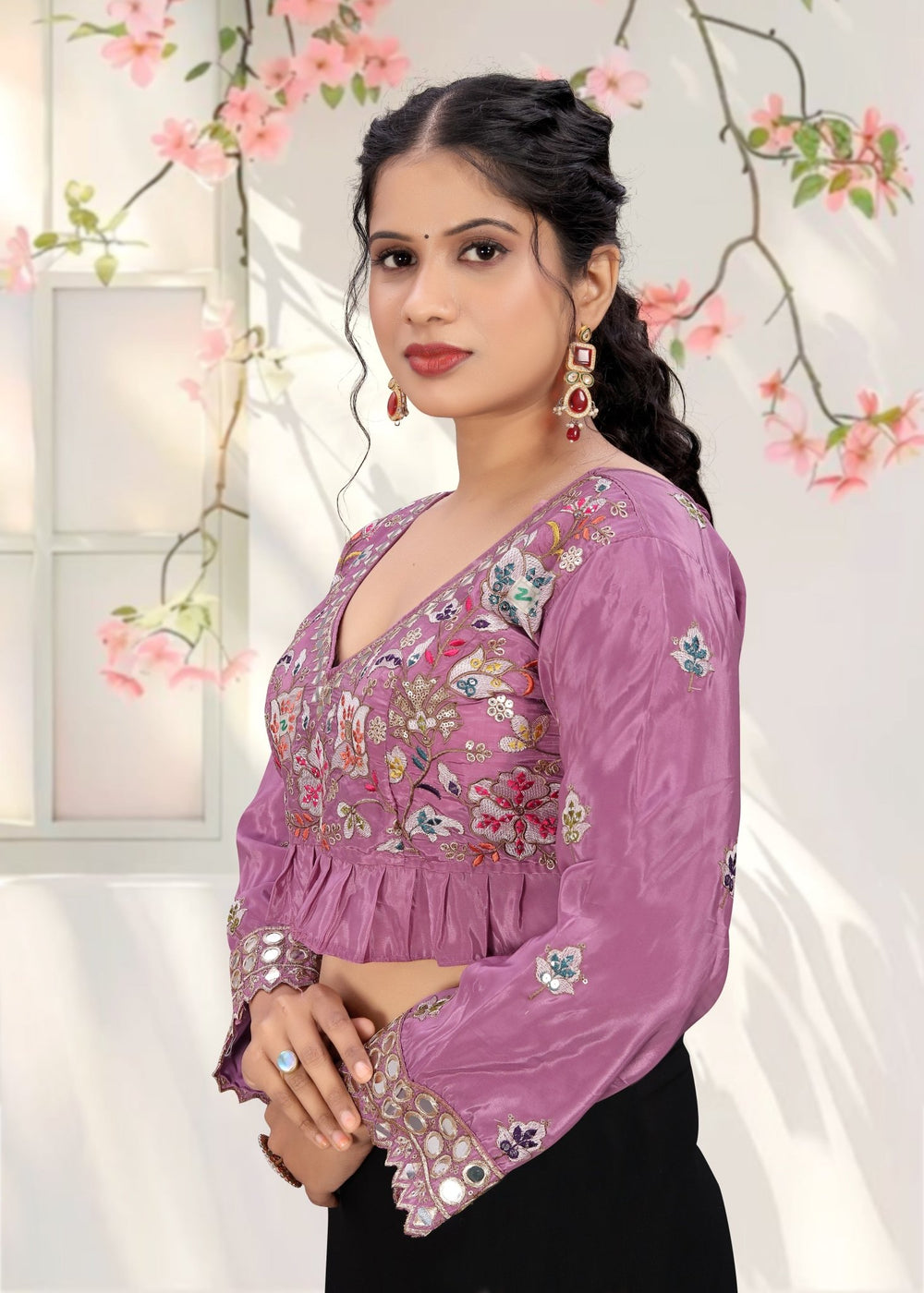LUBA Women Embroidered Mirror Work V - Neck Ruffle Crop Blouse Rani Pink - LUBA