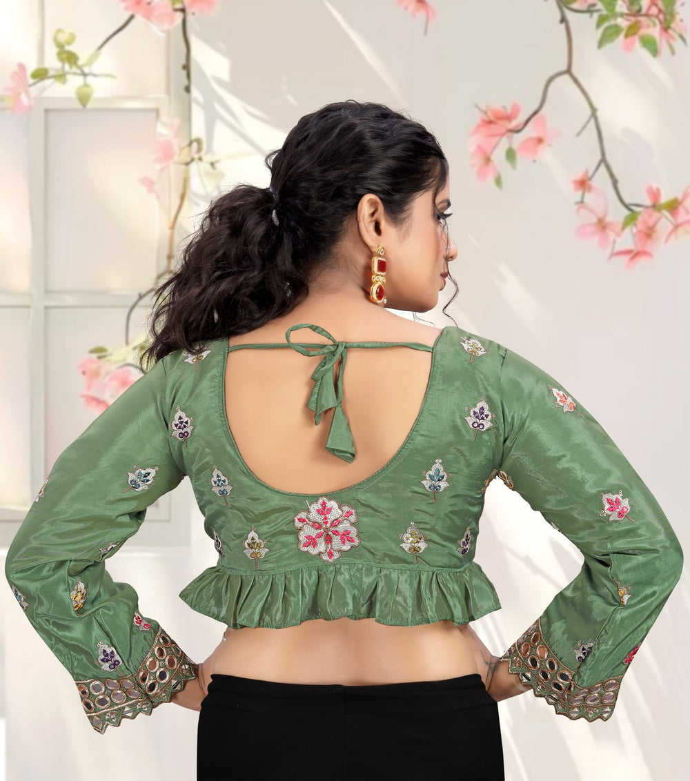 LUBA Women Embroidered Mirror Work V - Neck Ruffle Crop Blouse Teal Green - LUBA