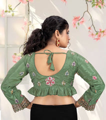 LUBA Women Embroidered Mirror Work V - Neck Ruffle Crop Blouse Teal Green - LUBA