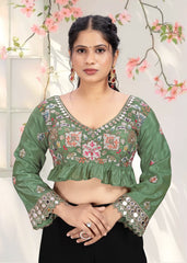 LUBA Women Embroidered Mirror Work V - Neck Ruffle Crop Blouse Teal Green - LUBA