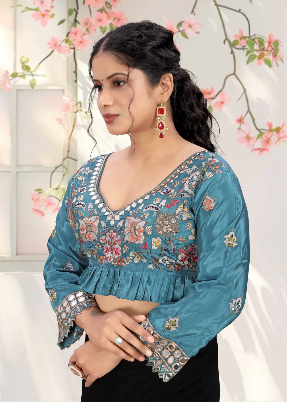 LUBA Women Embroidered Mirror Work V - Neck Ruffle Crop Blouse Turquoise Blue - LUBA