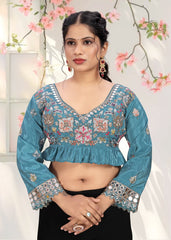 LUBA Women Embroidered Mirror Work V - Neck Ruffle Crop Blouse Turquoise Blue - LUBA