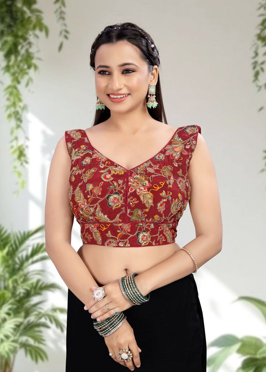 MAROON | NATURAL CREPE | POSITION PRINT WORK BLOUSE - LUBA