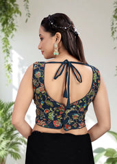 NAVY BLUE | NATURAL CREPE | POSITION PRINT WORK BLOUSE - LUBA