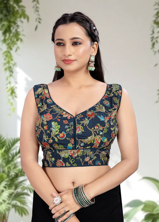 NAVY BLUE | NATURAL CREPE | POSITION PRINT WORK BLOUSE - LUBA