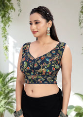 NAVY BLUE | NATURAL CREPE | POSITION PRINT WORK BLOUSE - LUBA