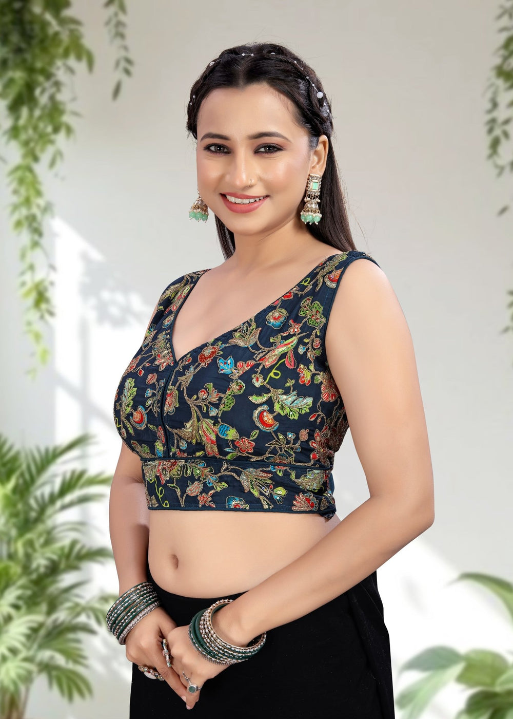 NAVY BLUE | NATURAL CREPE | POSITION PRINT WORK BLOUSE - LUBA