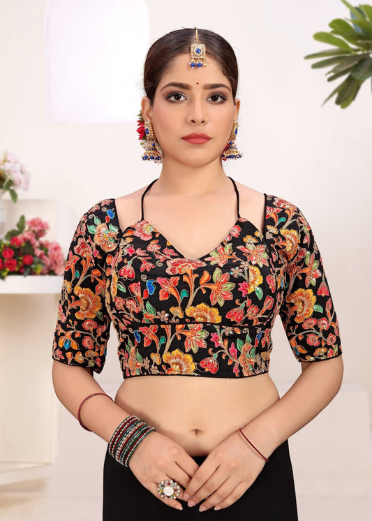 Neutral Crepe Embroidered Blouse with Placement Floral Print - LUBA