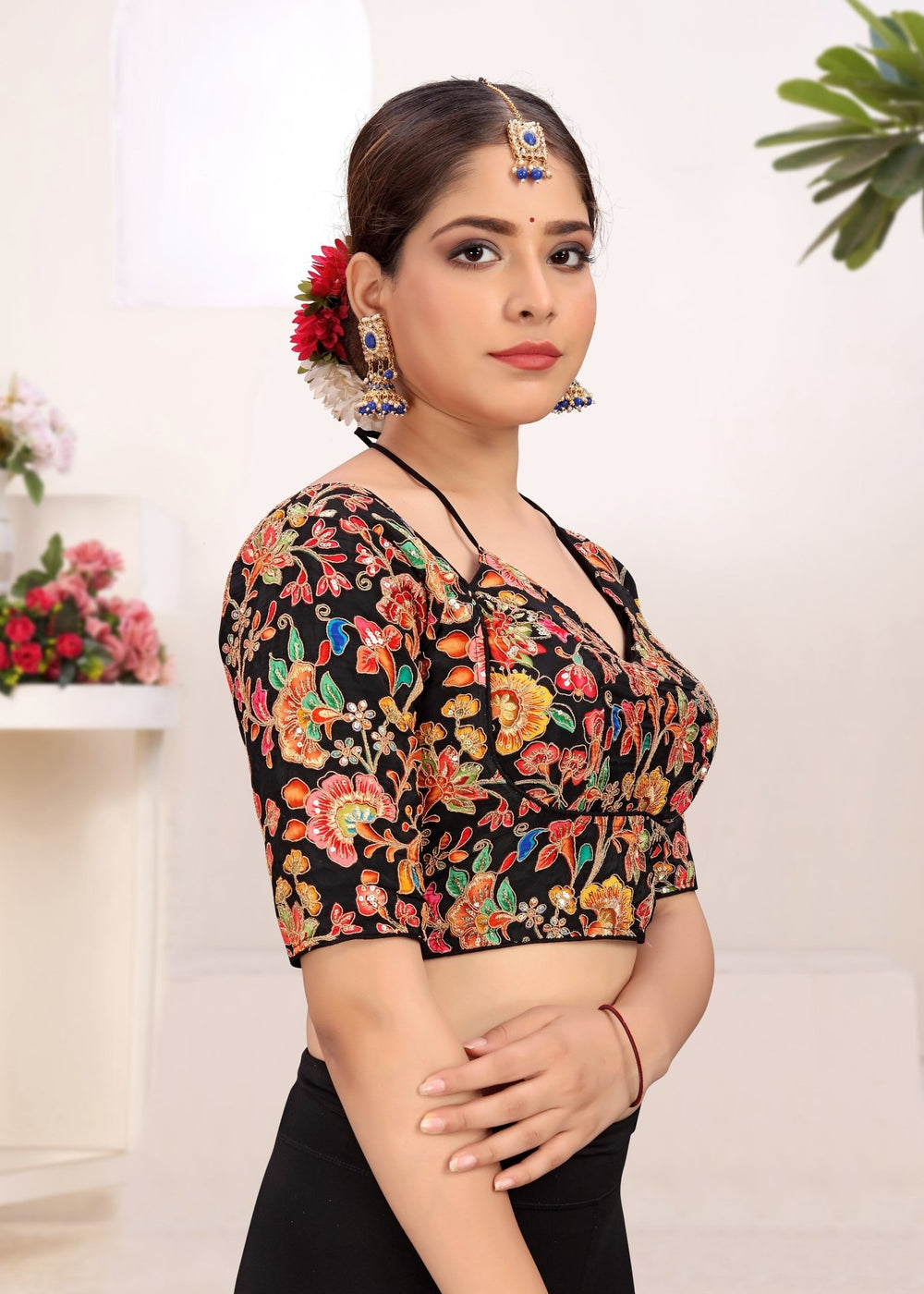 Neutral Crepe Embroidered Blouse with Placement Floral Print - LUBA