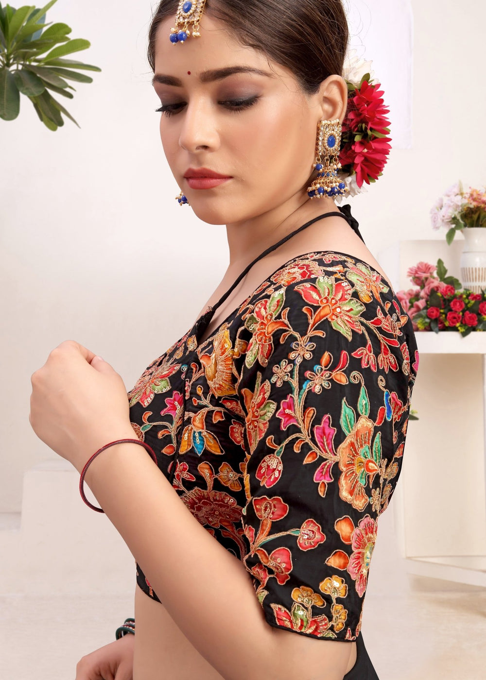 Neutral Crepe Embroidered Blouse with Placement Floral Print - LUBA