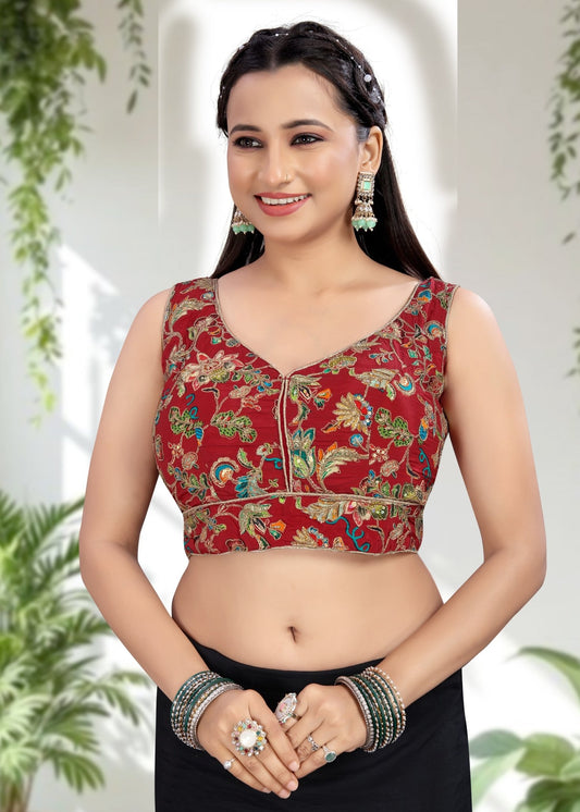 RED | NATURAL CREPE | POSITION PRINT WORK BLOUSE - LUBA