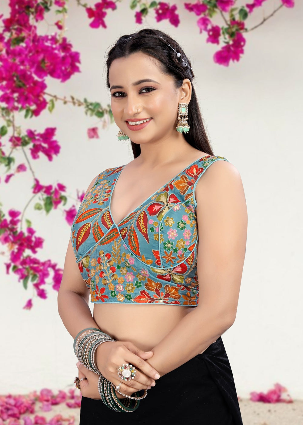 BLUE GREEN | NATURAL CREPE | POSITION PRINT WORK BLOUSE - LUBA