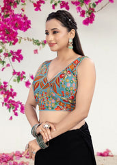 BLUE GREEN | NATURAL CREPE | POSITION PRINT WORK BLOUSE - LUBA