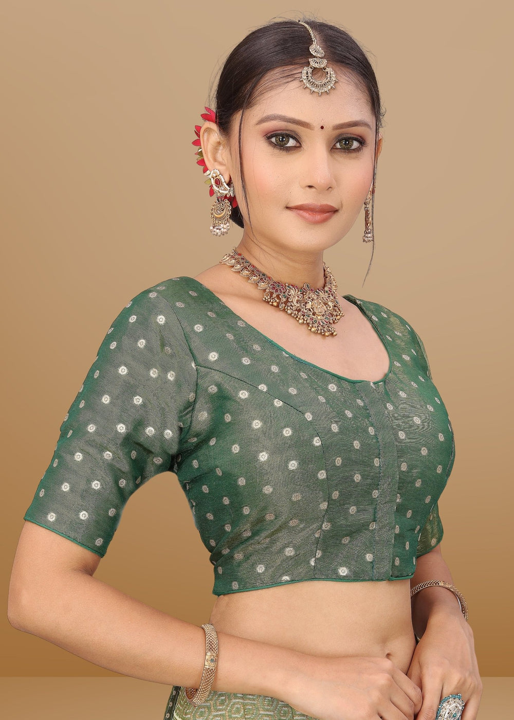 GREEN COLOR JACQUARD BLOUSE - LUBA