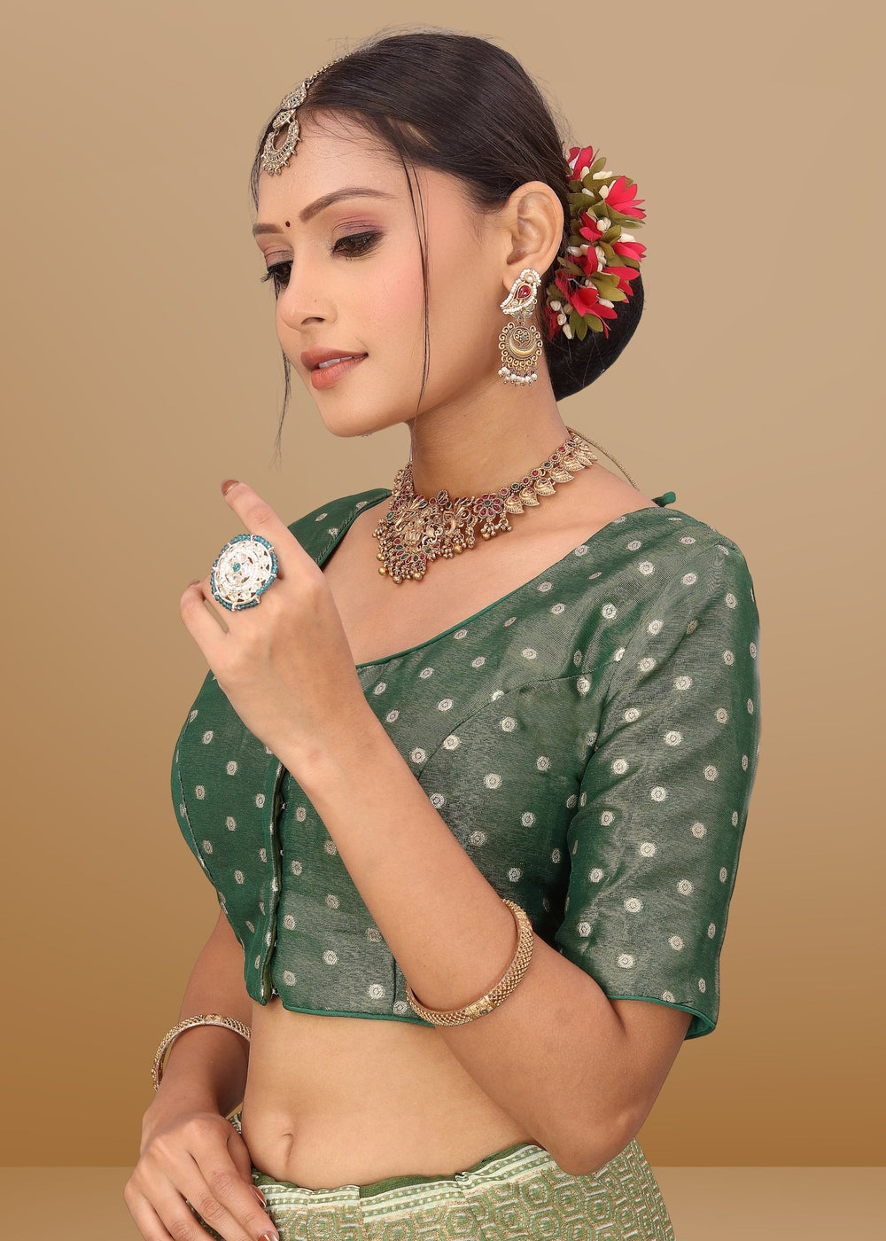 GREEN COLOR JACQUARD BLOUSE - LUBA