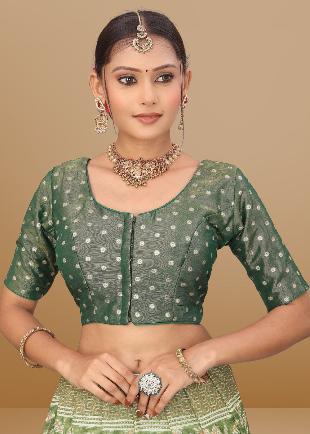 GREEN COLOR JACQUARD BLOUSE - LUBA