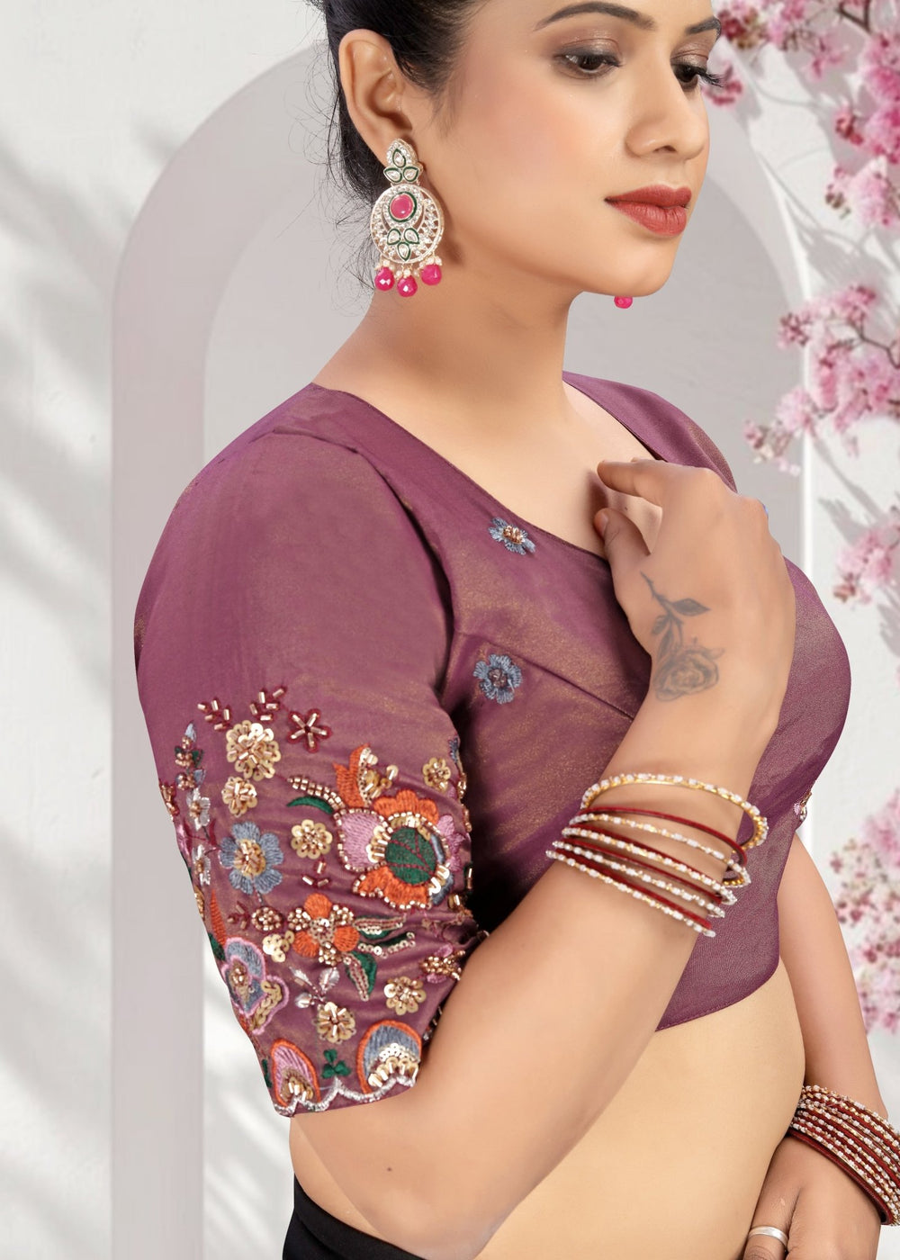 LUBA Elegant Cut - Out Back Blouse with Beadswork Sleeves - LUBA