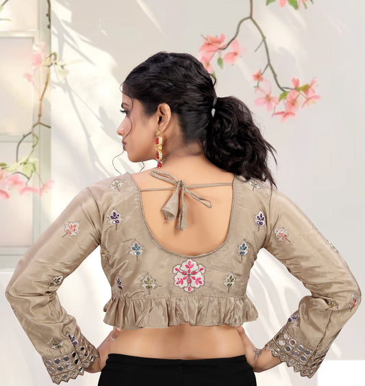 LUBA Women Embroidered Mirror Work V - Neck Ruffle Crop Blouse Beige - LUBA