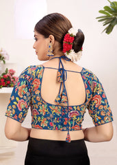 LUBA Women Embroidered Mirror Work V - Neck Ruffle Crop Blouse Blue - LUBA