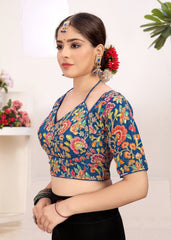 LUBA Women Embroidered Mirror Work V - Neck Ruffle Crop Blouse Blue - LUBA