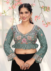 LUBA Women Embroidered Mirror Work V - Neck Ruffle Crop Blouse Green - LUBA