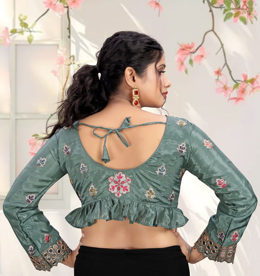 LUBA Women Embroidered Mirror Work V - Neck Ruffle Crop Blouse Green - LUBA