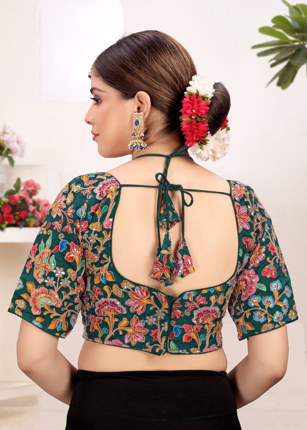 LUBA Women Embroidered Mirror Work V - Neck Ruffle Crop Blouse Green - LUBA