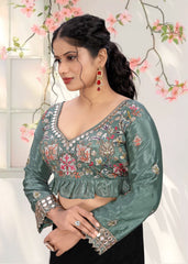 LUBA Women Embroidered Mirror Work V - Neck Ruffle Crop Blouse Green - LUBA