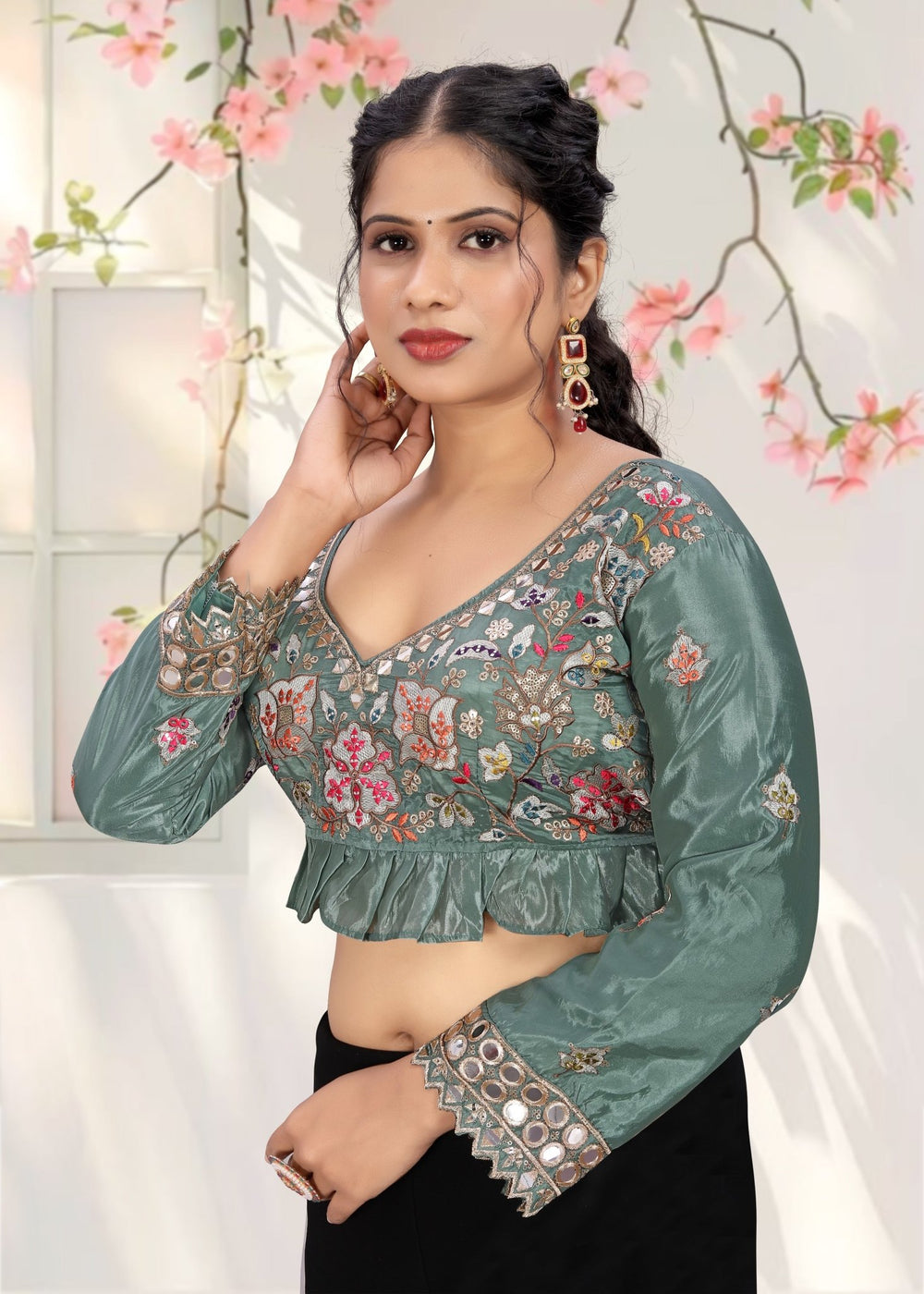 LUBA Women Embroidered Mirror Work V - Neck Ruffle Crop Blouse Green - LUBA