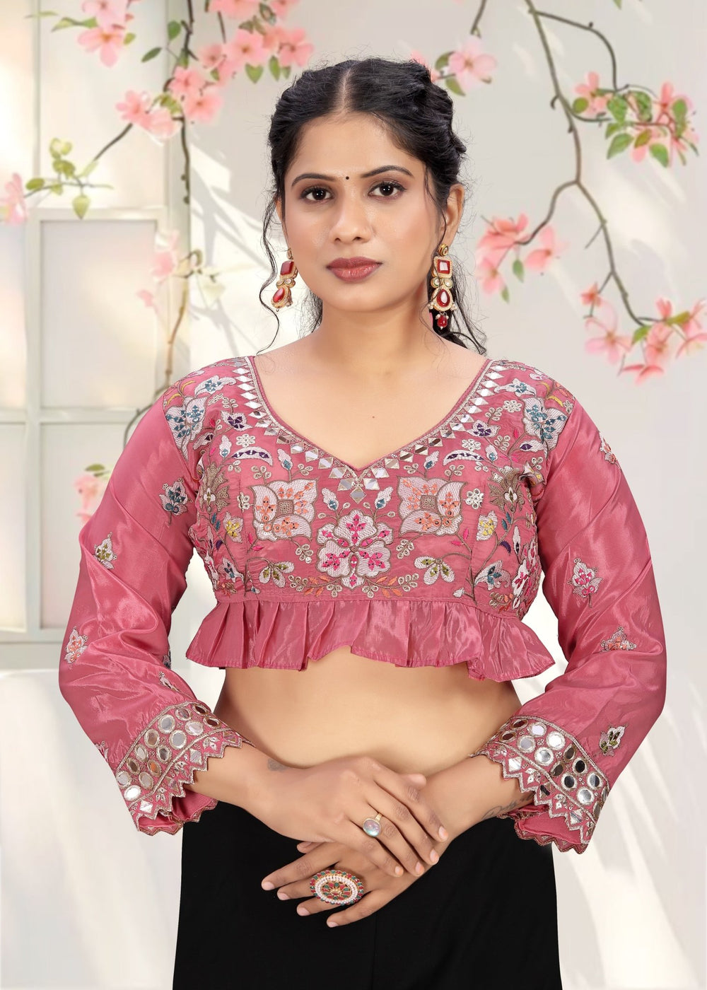 LUBA Women Embroidered Mirror Work V - Neck Ruffle Crop Blouse Lavender - LUBA